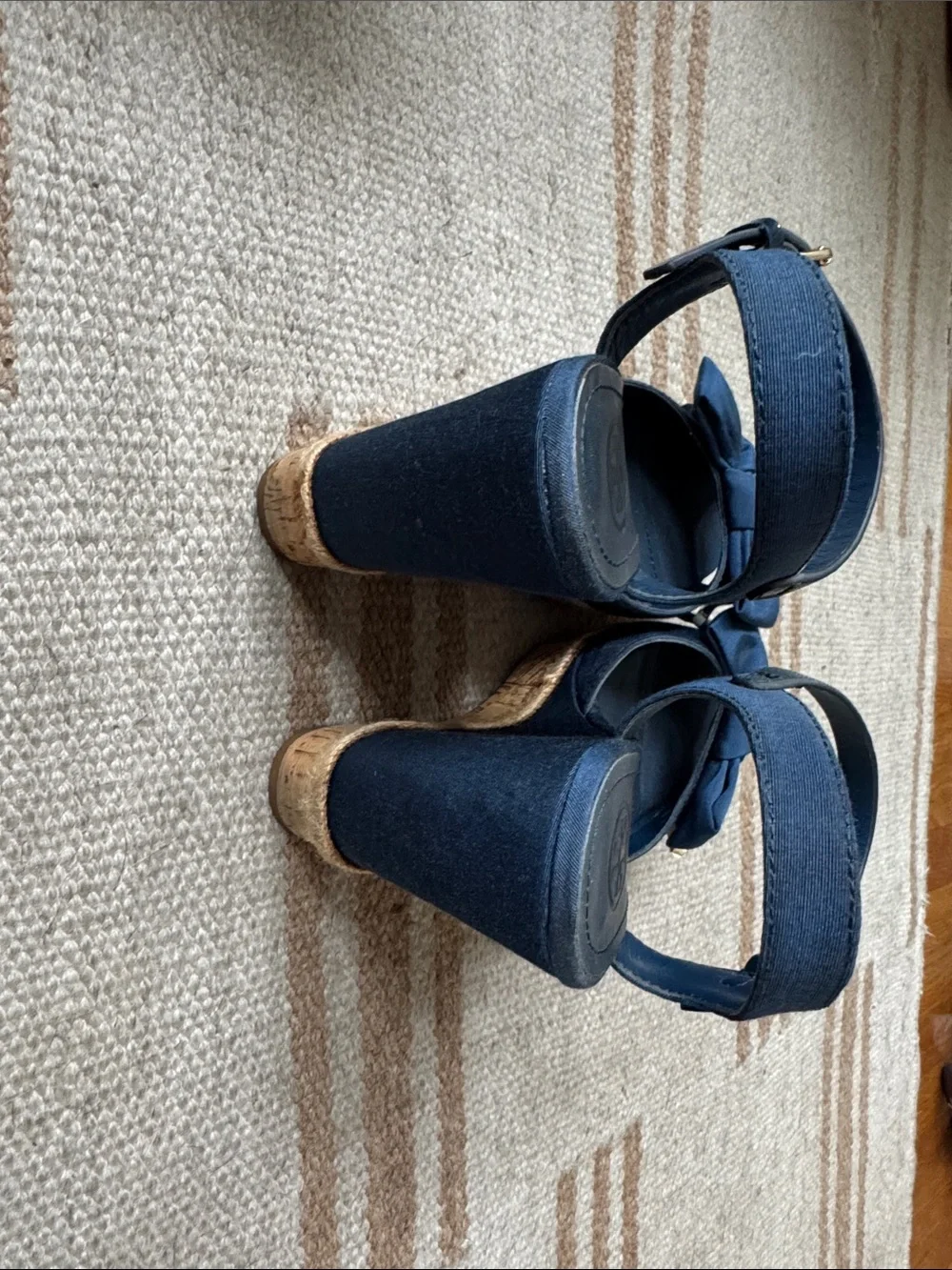 Tory Burch Navy Bow Slingback Wedge Sandals